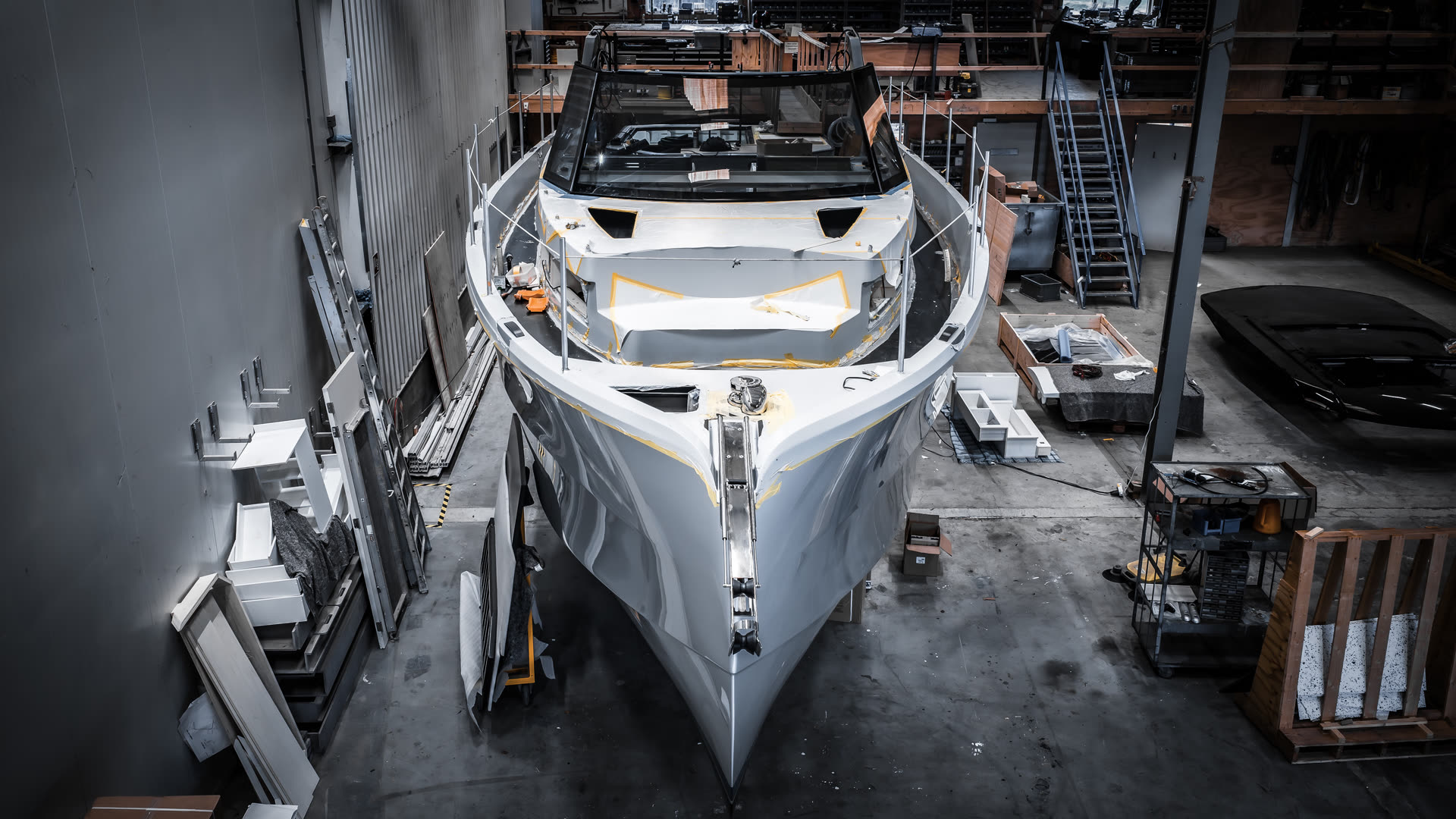 Dutch American yacht mid-build with interior framing visible